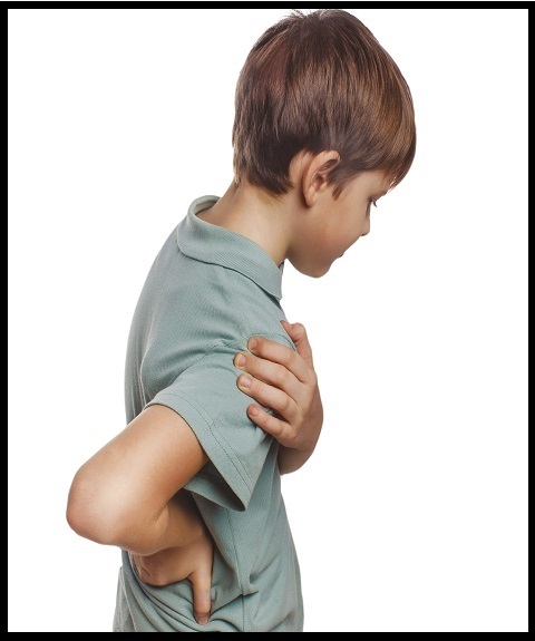 osteochondrosis teenage boy holds his hand behind his back back pain isolated on white background